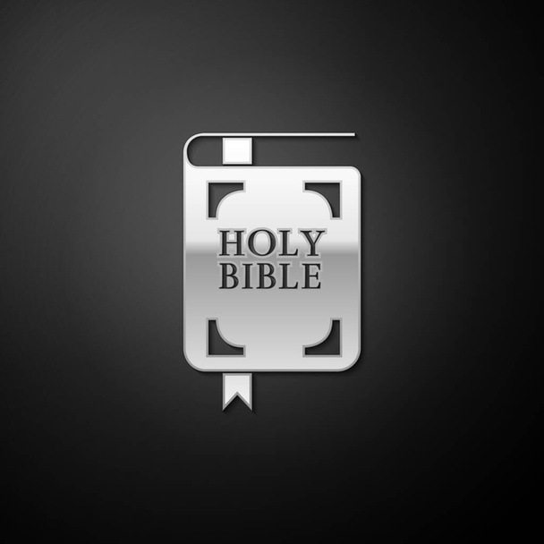 Срібна піктограма книги Святої Біблії ізольована на чорному тлі. Довгий стиль тіней. Векторні
. - Вектор, зображення