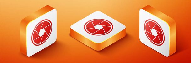 Isometric Camera shutter icon isolated on orange background. Orange square button. Vector. - Vector, Image