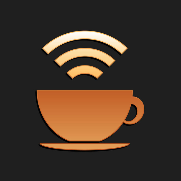 Gold Cup de café avec icône de zone wifi gratuit isolé sur fond noir. Plaque de connexion Internet. Style ombre longue. Vecteur. - Vecteur, image