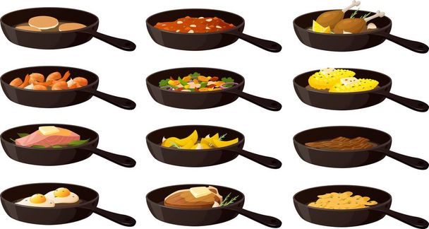 Vector illustratie van verschillende gietijzeren pannen met vlees, eieren en groenten geïsoleerd op witte achtergrond. - Vector, afbeelding