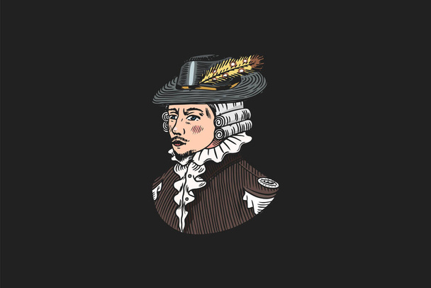 Герцог или античный викторианский человек в перьевой шляпе. Выгравированный вручную винтажный рисунок. Деревянный стиль. Векторная иллюстрация  - Вектор,изображение