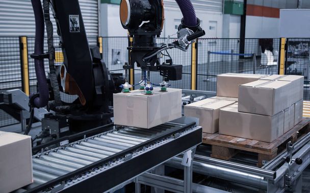 製造ラインにおけるコンベア上の産業用ロボットアームローディングカートン - 写真・画像