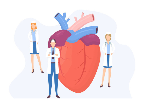 Menschliche Farbe Herzform im flachen Stil Vektor Illustration isoliert auf weißem Hintergrund. Medizinisches Poster mit menschlichen Organen und Ärzten. - Vektor, Bild