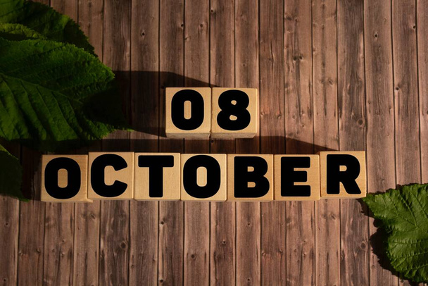 October 8 .October 8 on wooden cubes on a wooden background.Autumn.Calendar for October. - Photo, Image