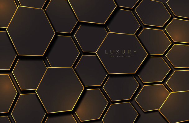 Moderne zwarte en gouden achtergrond getextureerd met abstracte zeshoek patroon - Vector, afbeelding