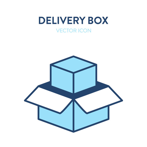 Open delivery box flat isometric icon. Vector colorful illustration of an open gift box with product packaging inside. Postal service logo, parcel package, delivery service icon, wedding gift - Vector, Image