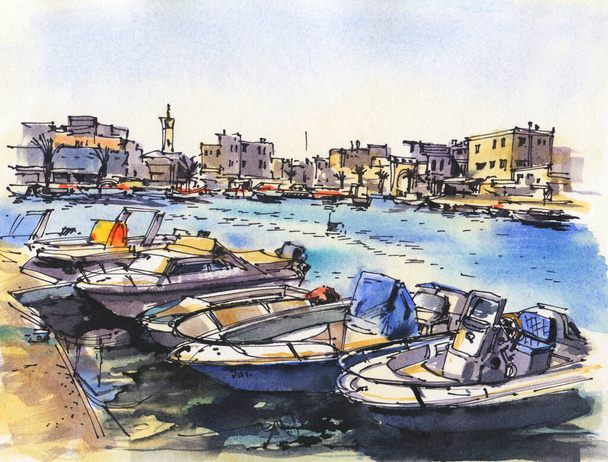 Paesaggio urbano. Tunisia. Disegno ad acquerello e inchiostro. Illustrazione disegnata a mano. - Foto, immagini