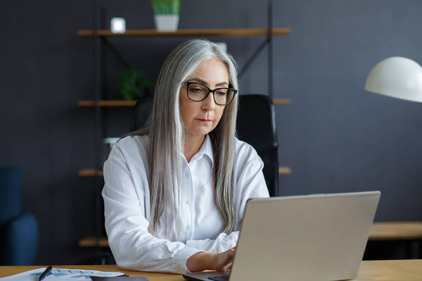 Grey-haired senior businessman working in office with laptop. Business portrait of beautiful smiling elderly woman wearing eyeglasses sitting at workplace. Mature people with computers - Φωτογραφία, εικόνα