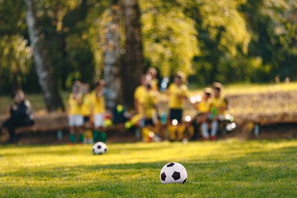 Junior Football Edző Szurok. Focilabdák a füves pályán. Iskola focicsapat sárga ingben homályos háttér - Fotó, kép