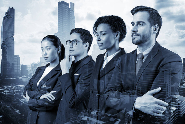 Four successful business consultants standing in a row in suits and ready to tackle with customer problem. Bangkok cityscape. Multinational corporate team. Double exposure. - Fotó, kép