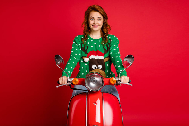 Photo portrait of scooter rider isolated on vivid red colored background - Photo, Image