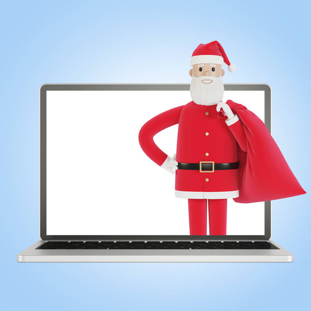 Santa Claus doručuje dárky, online dárky pro lidi. Laptop obrazovka se Santa Clausem. Online nakupování, doručování. 3D ilustrace v kresleném stylu. - Fotografie, Obrázek