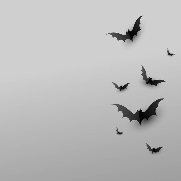 Fondo creativo mínimo con papel murciélagos negros de miedo sobre fondo gris con espacio de copia. Concepto de Halloween, copyspace, flatlay, vista superior. Ilustración vectorial. - Vector, imagen