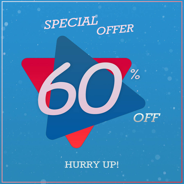 Kreatív különleges ajánlat kedvezményes banner 60% -os kedvezmény Siess szövegtervezés kék piros háromszög címke. - Fotó, kép