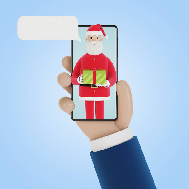 Saapuva puhelu Joulupukilta älypuhelimen näytöllä. Verkkokaupoissa, joululahjoja verkossa. 3D-kuvitus sarjakuvatyyliin. - Valokuva, kuva
