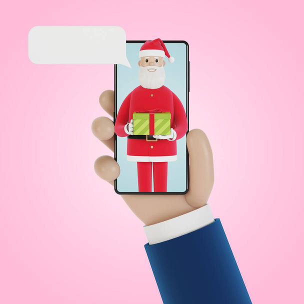 Příchozí hovor od Santa Clause na obrazovce chytrého telefonu. Online nakupování, vánoční dárky online. 3D ilustrace v kresleném stylu. - Fotografie, Obrázek