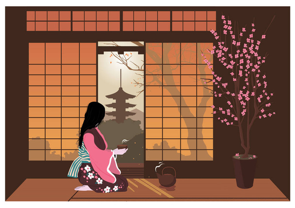 Mujer en kimono lleva a cabo una ceremonia tradicional del té japonés. - Vector, imagen