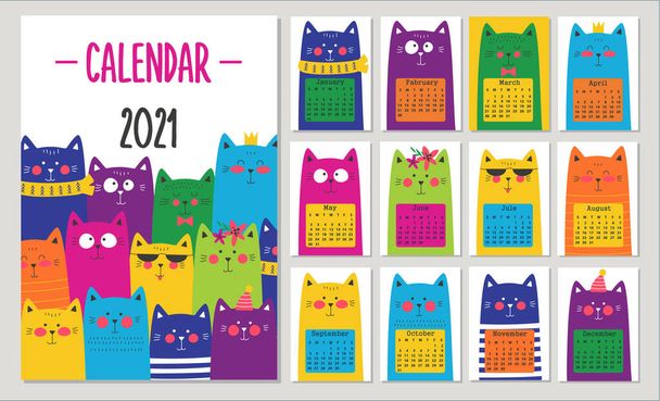Kalender 2021 mit bunten süßen Katzen. Vektorillustrationen - Vektor, Bild