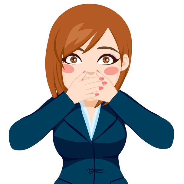 Beautiful woman on suit covering her mouth with both hands - Vector, imagen
