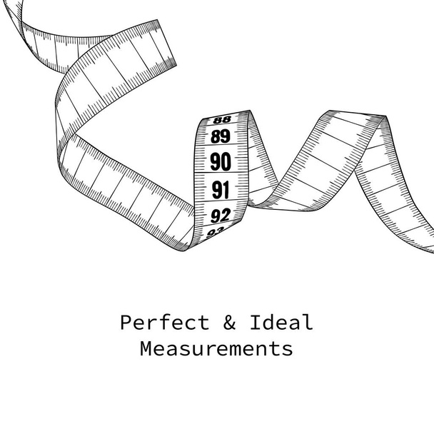 Measuring tape - concept illustration for body ideals. Easy to replace numbers with your own. B&W vector illustration. - Vector, Image