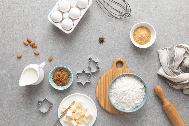 Christmas culinary background with baking ingredients, copy space for text, top down view - Photo, Image