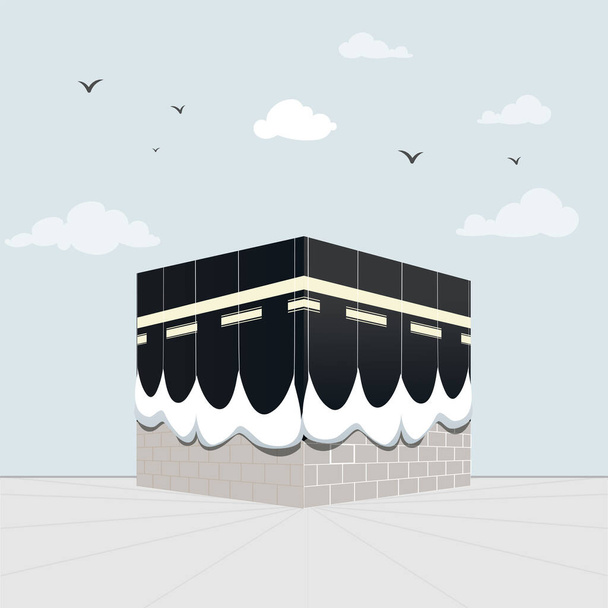  Caricature de Kaaba pour pèlerinage ou pas de hajj - nuages et oiseaux  - Vecteur, image