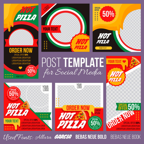 Cartoon Color Hot Pizza Concept Placard Template Banner Set. Vector - Vektor, Bild