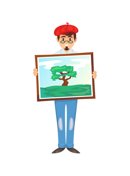 Cheerful painter in red beret showing picture with tree in nature on white background. - Vetor, Imagem