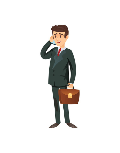 Vector character of entrepreneur talking on phone standing with briefcase.  - Vektor, kép