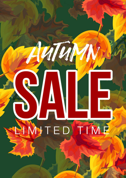 Colorful vector design of banner with autumn sale promotion in bright leaves on green background - ベクター画像