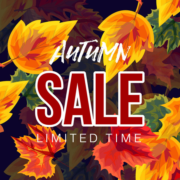Vector design of vivid banner promoting autumn sale with bright leaves on background - ベクター画像