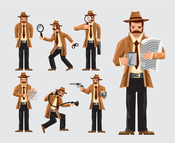 Set Of Cartoon Man Doing Detective Job And Investigation On Blue Background - Vecteur, image
