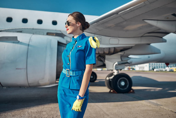 Smiling attractive stewardess getting ready to flight - Foto, Bild