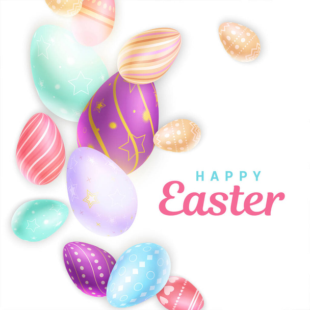 Set of various colored eggs near lovely Happy Easter inscription on white - ベクター画像