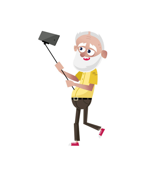 Bearded old man doing selfie character. Happy old people lifestyle isolated on white background vector illustration. - Vector, Imagen