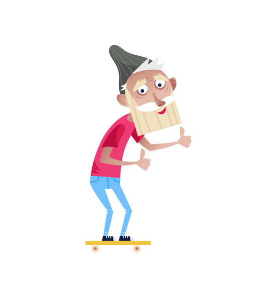 Bearded old man on skateboard character. Happy old people lifestyle isolated on white background vector illustration. - Vektor, obrázek