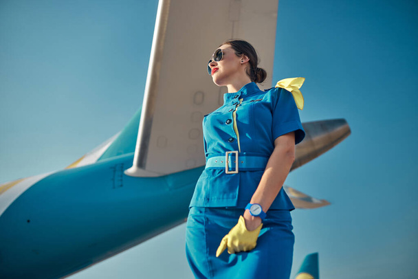 Gelukkige stewardess in de buurt van passagiersvliegtuig buiten - Foto, afbeelding