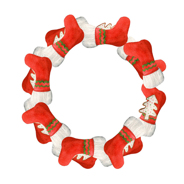 Corona de Navidad de acuarela hecha de calcetines rojos y pan de jengibre - Foto, imagen