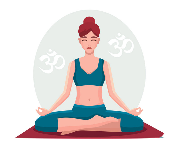 Woman sitting in lotus position practicing meditation. Yoga girl vector illustration. - Вектор, зображення