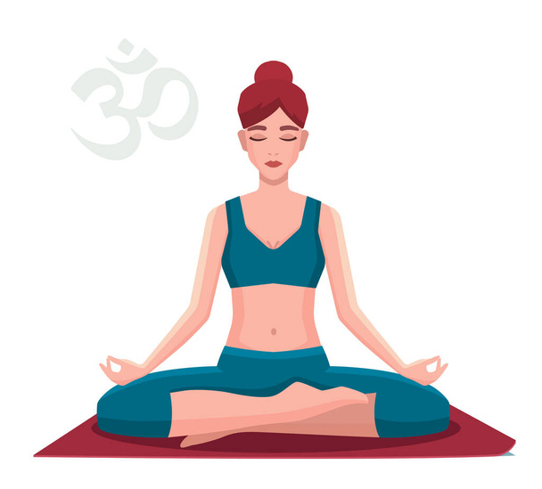 Mujer sentada en posición de loto practicando meditación. Yoga chica vector ilustración. - Vector, Imagen
