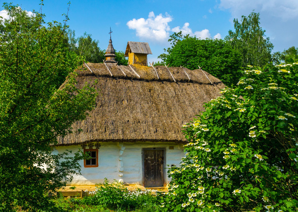 Ancien chalet rural ukrainien traditionnel avec un toit en paille
 - Photo, image