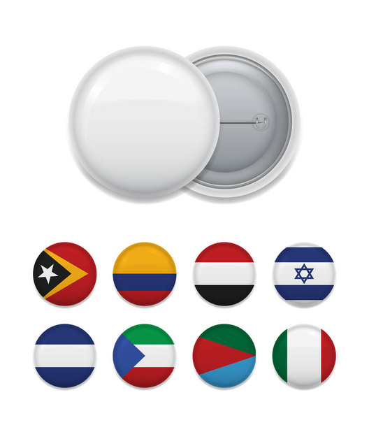 Layout of blank white badge with round templates with various world countries flags.  - ベクター画像