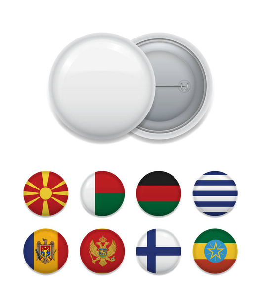 Arranged blank badge with set of various emblems and country flags on white.  - Вектор, зображення