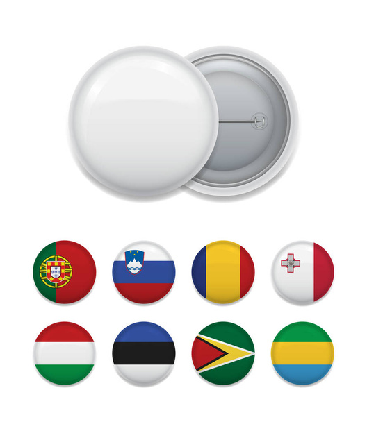 Empty blank badge with round templates showing various countries and flags.  - ベクター画像