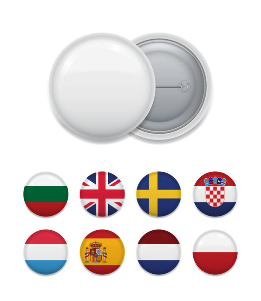 Zusammengesetzte bunte Flaggen verschiedener Länder für leere Abzeichenvorlage auf weiß.  - Vektor, Bild
