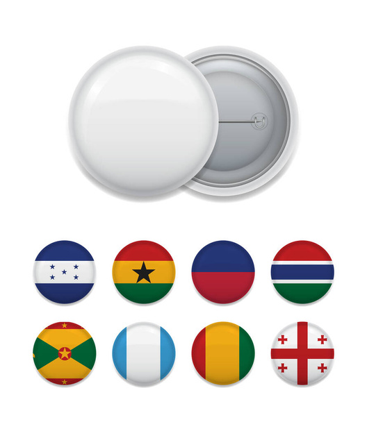 Composition of round white blank badge and layout of colorful worldwide flags.  - ベクター画像