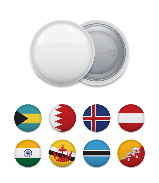 Blank white badge template with various flags of world countries isolated on white.  - ベクター画像