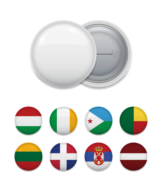 Vector set of clean white badge with arranged flags of worldwide countries.  - Вектор,изображение
