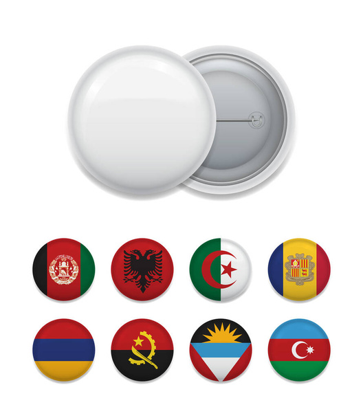 Round white empty badge with set of flags in template on white.  - Вектор,изображение