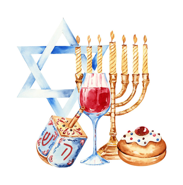 Joodse vakantie Chanoeka spandoek ontwerp met menorah, dreidel, traditionele bakkerij. Joods hanukkah frame. Gelukkig Chanoeka wenskaart sjabloon.  - Foto, afbeelding